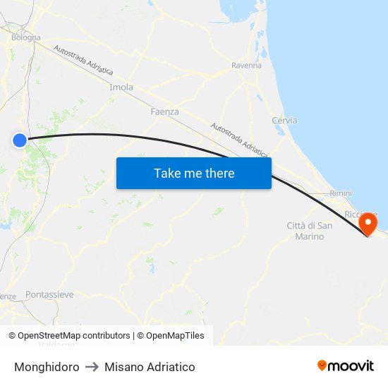 Monghidoro to Misano Adriatico map