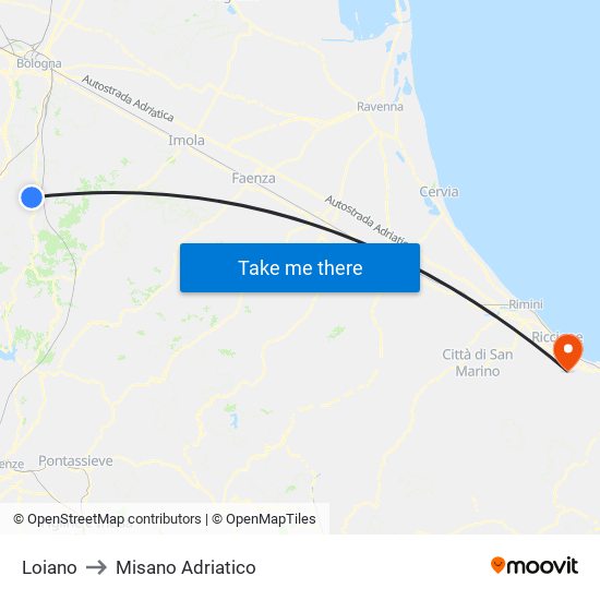 Loiano to Misano Adriatico map