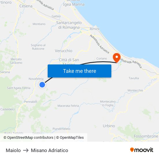 Maiolo to Misano Adriatico map