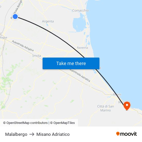 Malalbergo to Misano Adriatico map