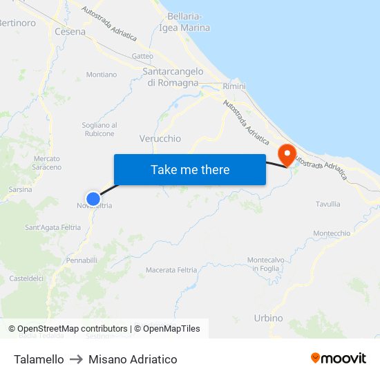 Talamello to Misano Adriatico map