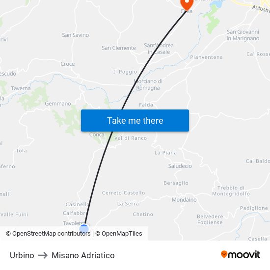 Urbino to Misano Adriatico map