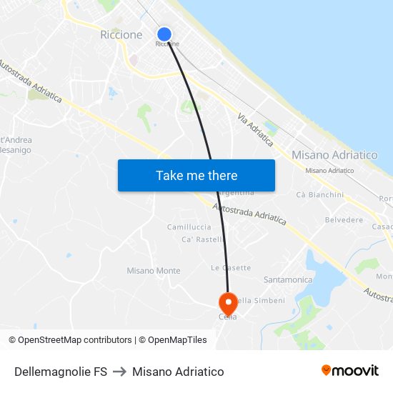 Dellemagnolie FS to Misano Adriatico map