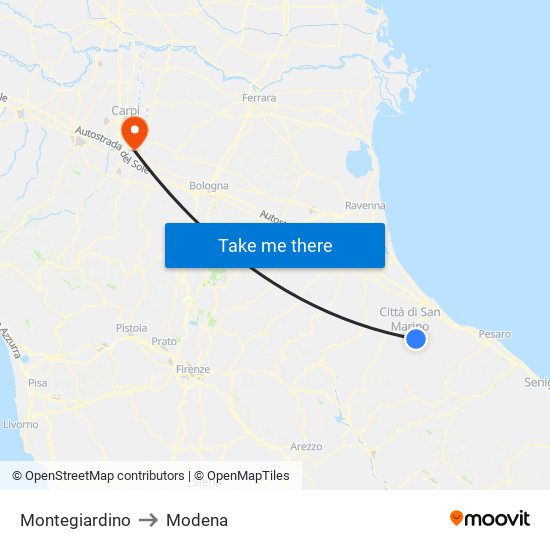 Montegiardino to Modena map