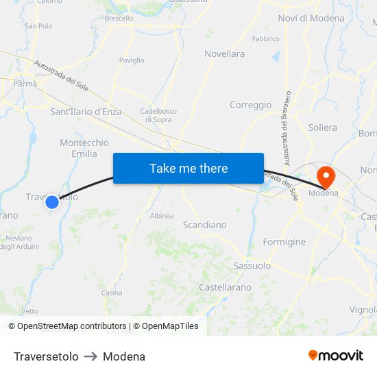 Traversetolo to Modena map