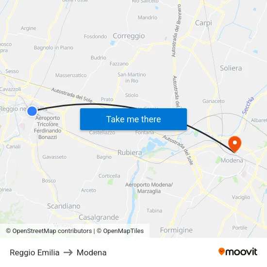 Reggio Emilia to Modena map