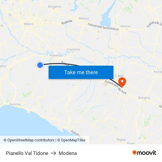 Pianello Val Tidone to Modena map
