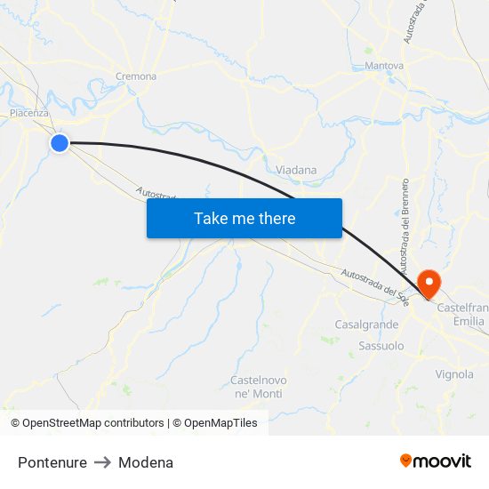 Pontenure to Modena map