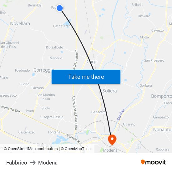 Fabbrico to Modena map