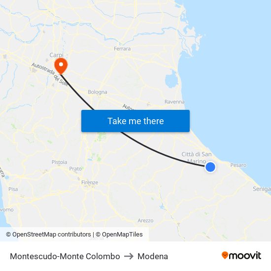 Montescudo-Monte Colombo to Modena map