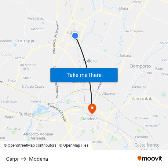 Carpi to Modena map
