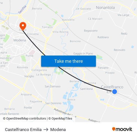 Castelfranco Emilia to Modena map