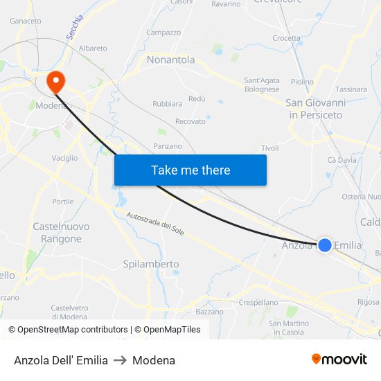 Anzola Dell' Emilia to Modena map