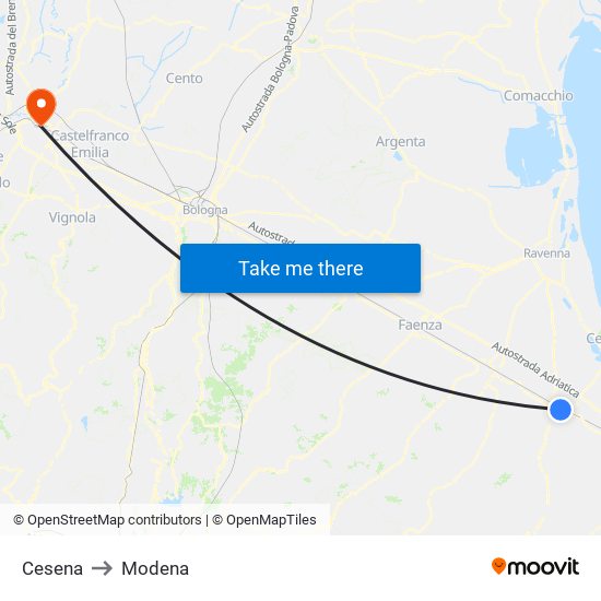 Cesena to Modena map