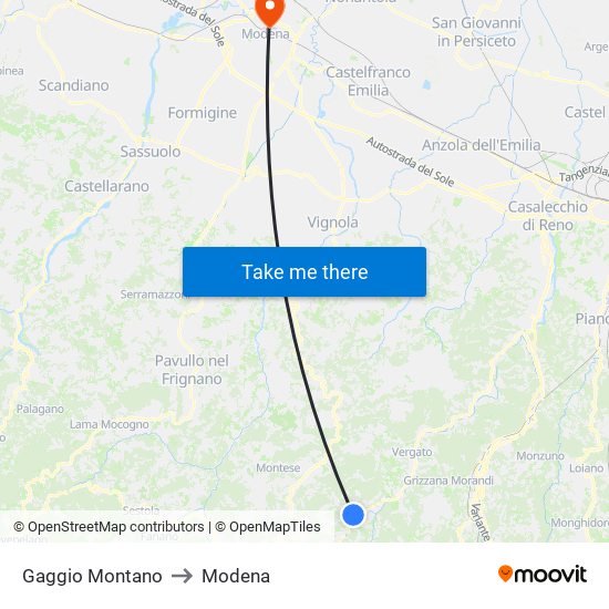 Gaggio Montano to Modena map