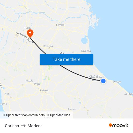Coriano to Modena map