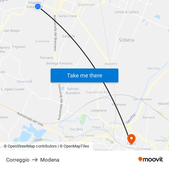 Correggio to Modena map