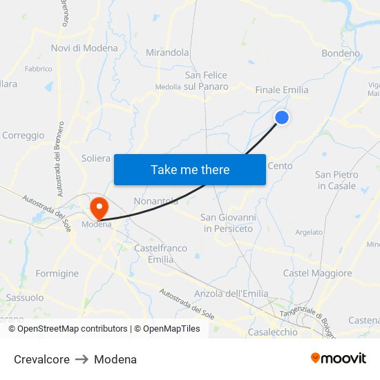 Crevalcore to Modena map
