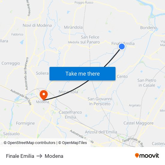 Finale Emilia to Modena map