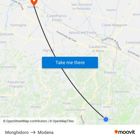 Monghidoro to Modena map