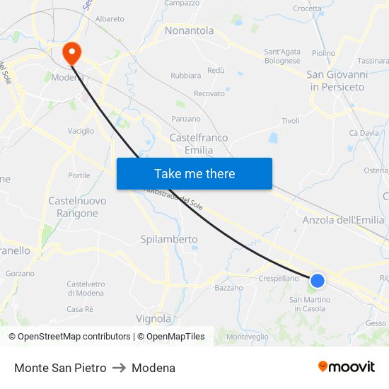 Monte San Pietro to Modena map