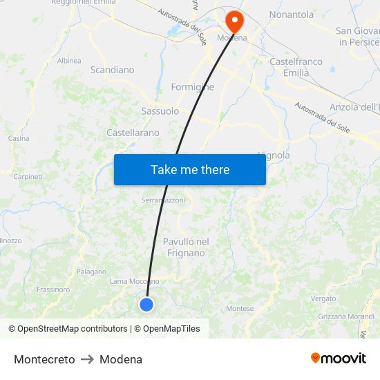 Montecreto to Modena map