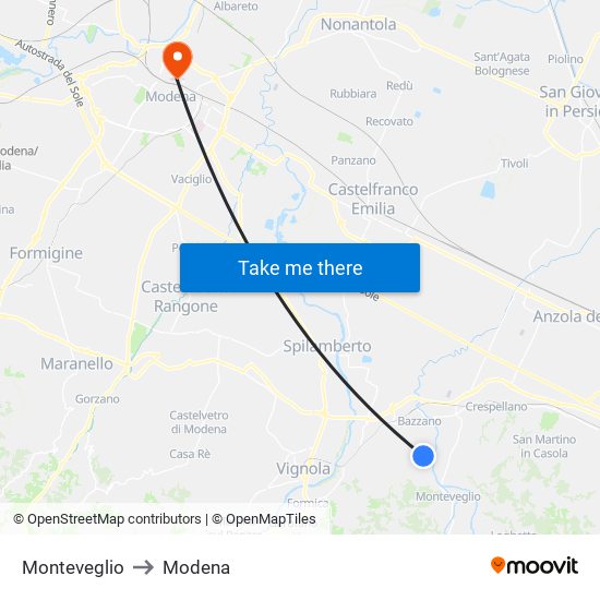 Monteveglio to Modena map