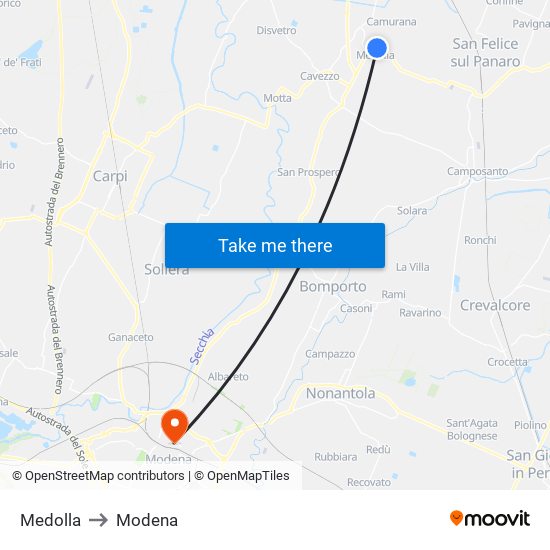 Medolla to Modena map