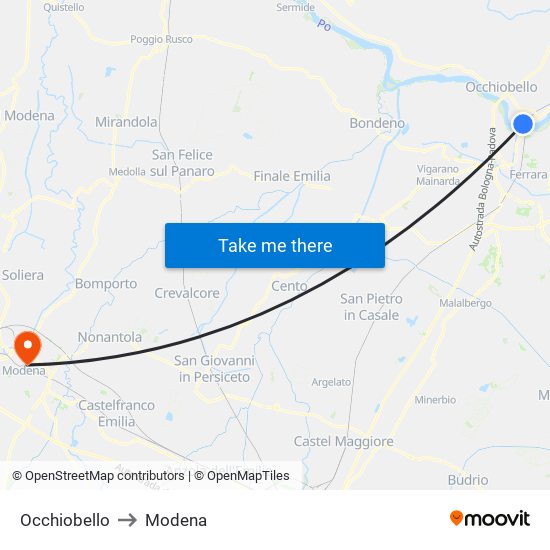 Occhiobello to Modena map