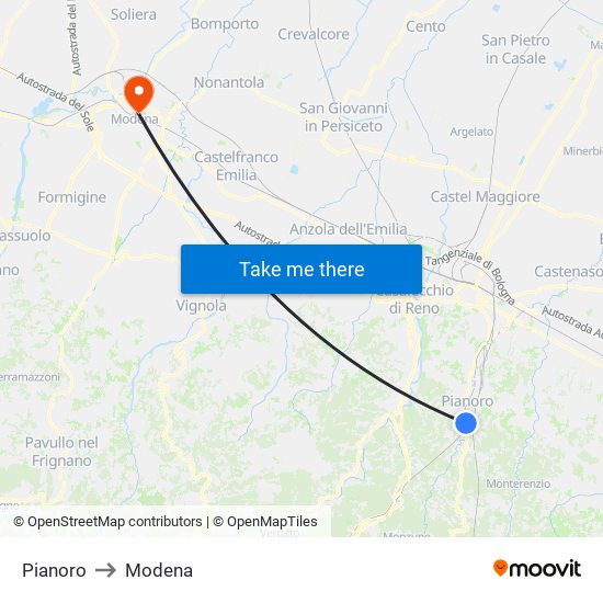 Pianoro to Modena map