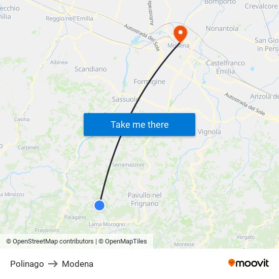 Polinago to Modena map