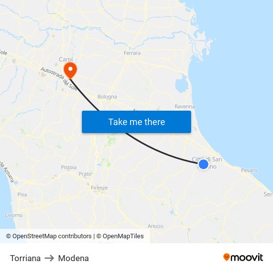 Torriana to Modena map