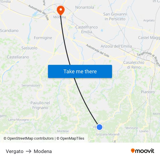Vergato to Modena map