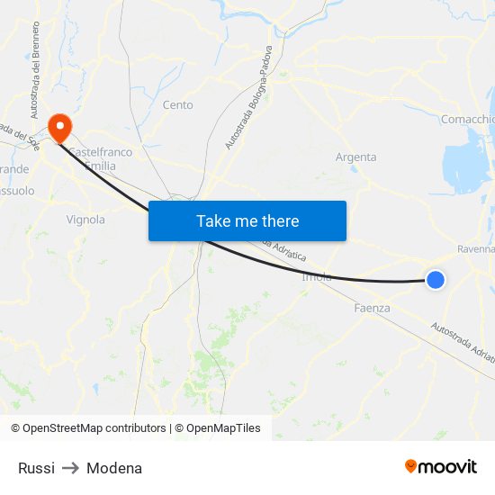Russi to Modena map