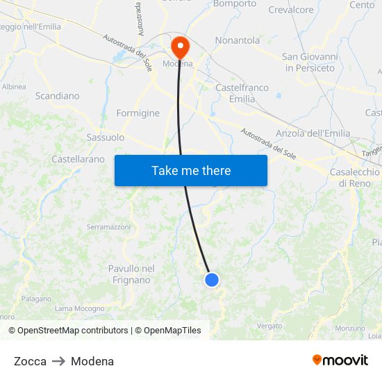 Zocca to Modena map