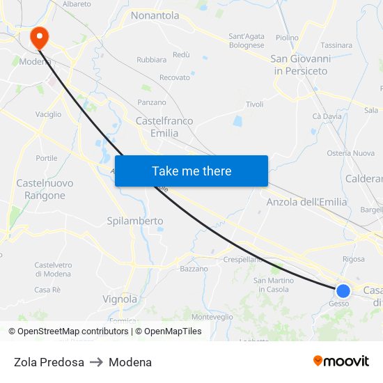 Zola Predosa to Modena map