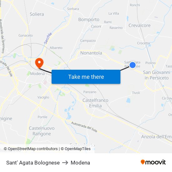 Sant' Agata Bolognese to Modena map