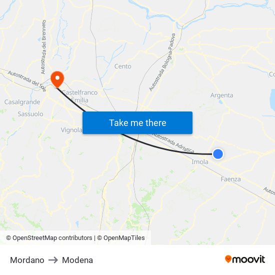 Mordano to Modena map