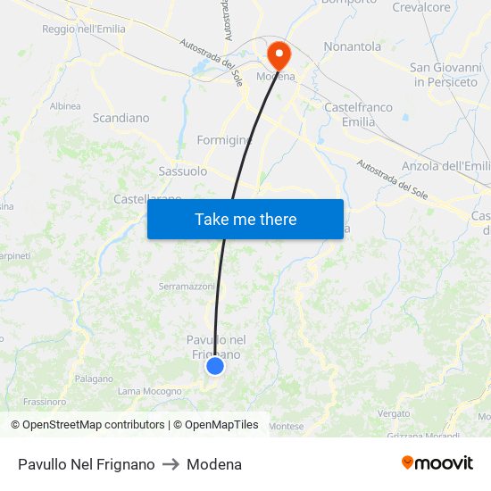 Pavullo Nel Frignano to Modena map