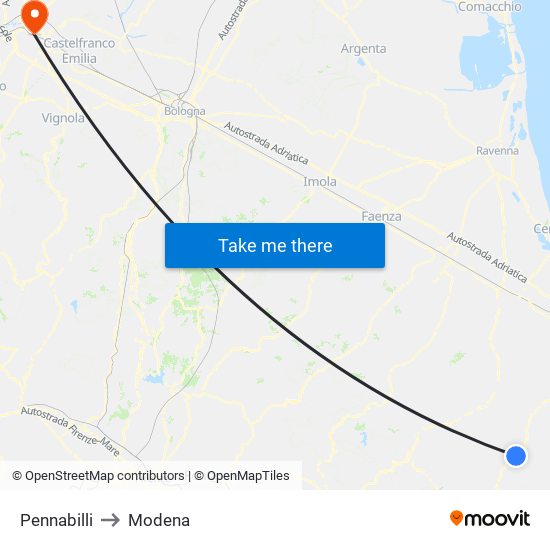 Pennabilli to Modena map