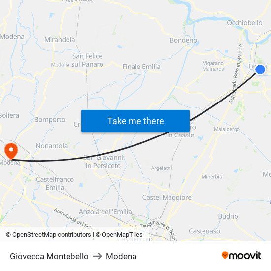 Giovecca Montebello to Modena map