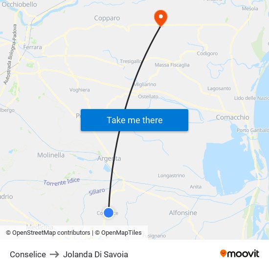 Conselice to Jolanda Di Savoia map