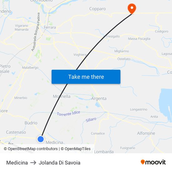 Medicina to Jolanda Di Savoia map