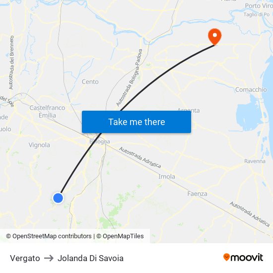 Vergato to Jolanda Di Savoia map