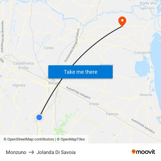 Monzuno to Jolanda Di Savoia map