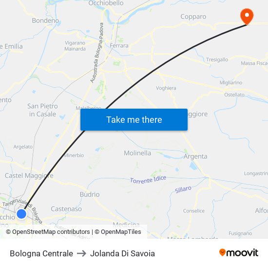 Bologna Centrale to Jolanda Di Savoia map
