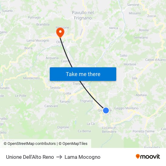 Unione Dell'Alto Reno to Lama Mocogno map