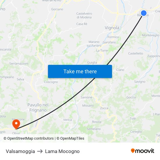 Valsamoggia to Lama Mocogno map