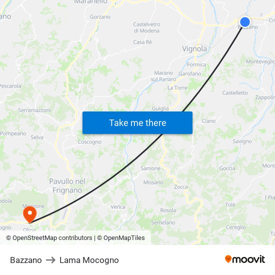 Bazzano to Lama Mocogno map