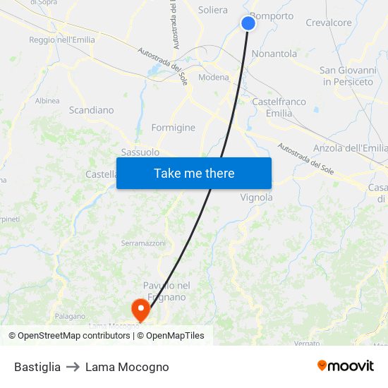 Bastiglia to Lama Mocogno map